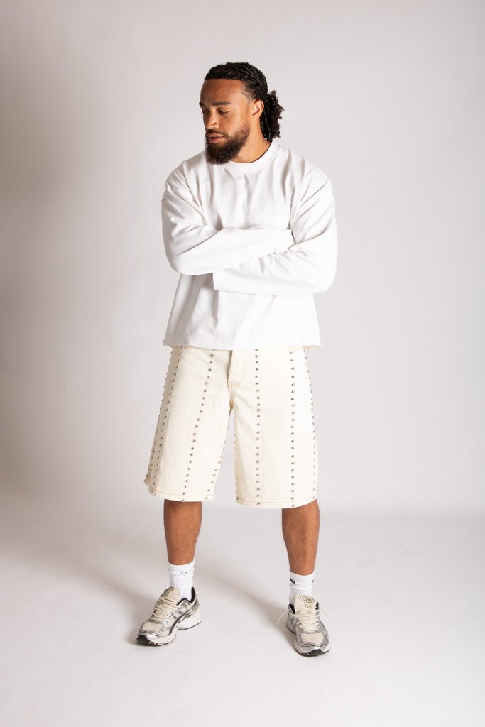Ecru Wash Denim Jorts With Total Stud Detail - Liquor n Poker
