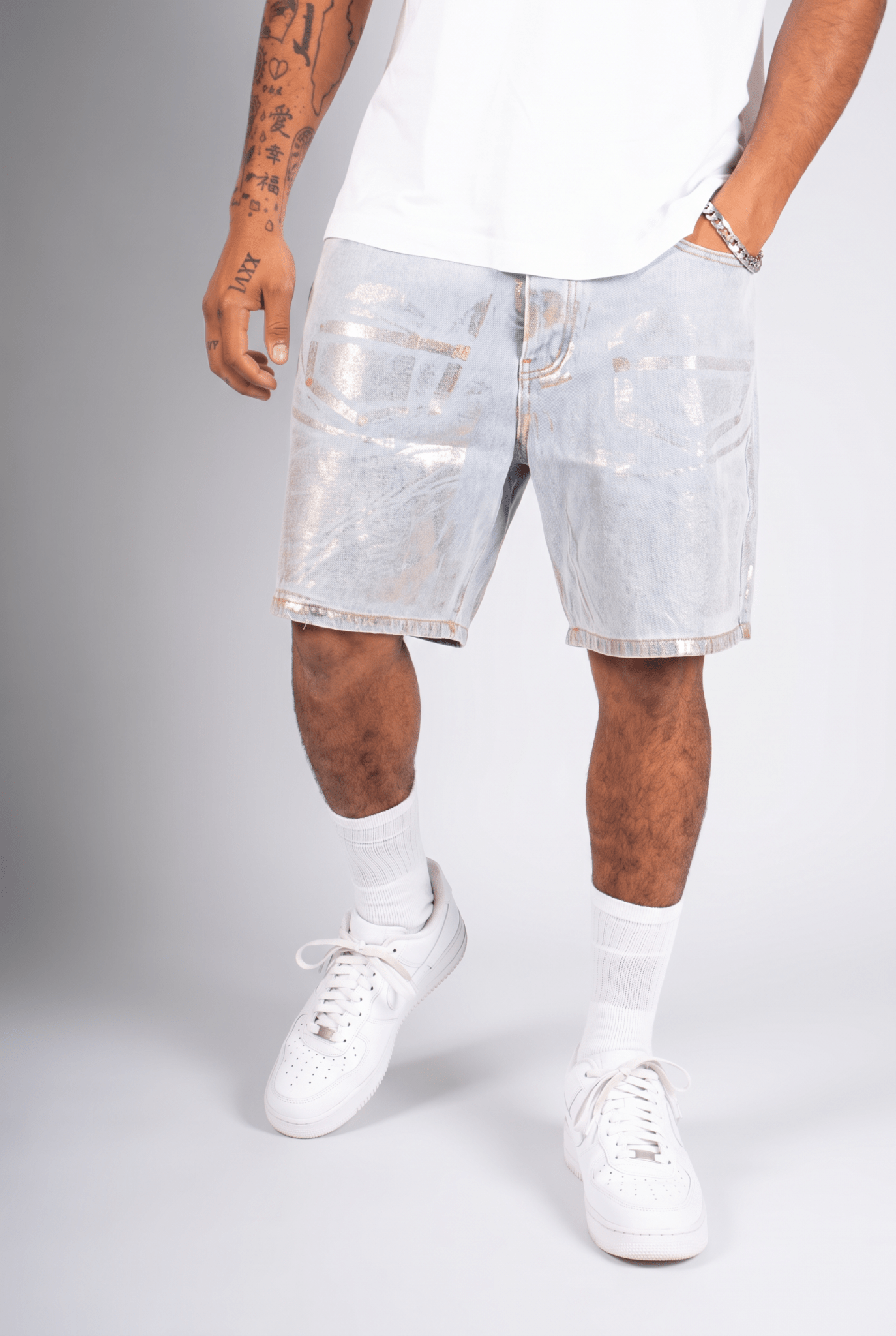 Faded Stonewash Metallic Denim Shorts - Liquor n Poker