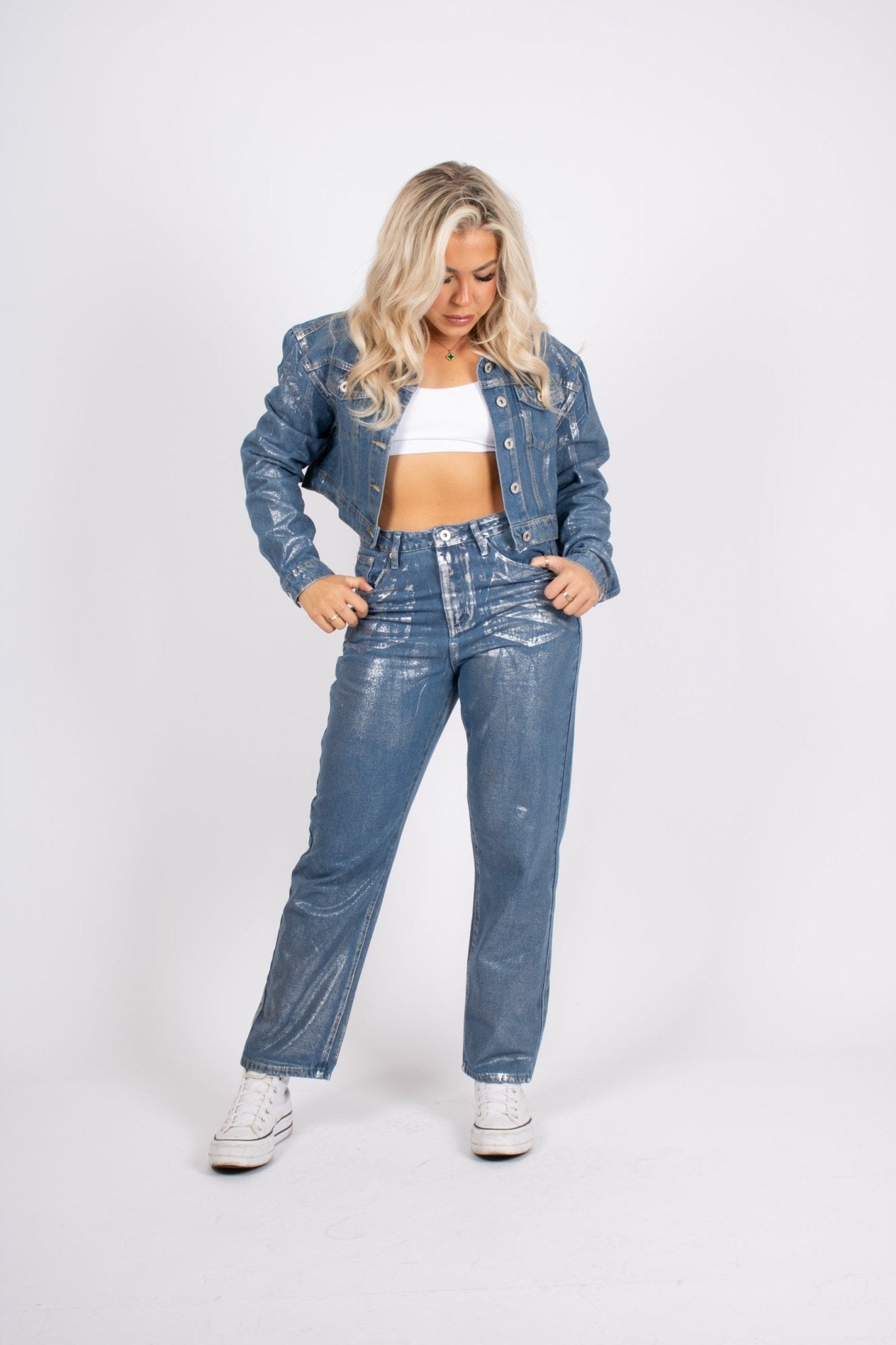 Fae Silver Metallic Straight Leg Jeans - Liquor n Poker