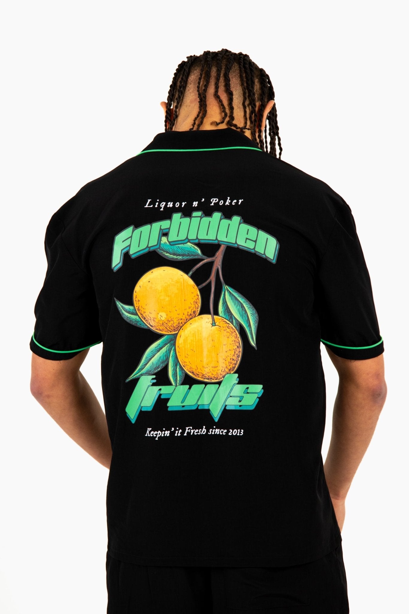 Forbidden Fruits' Back Printed Revere Collar Black Shirt - Liquor n Poker