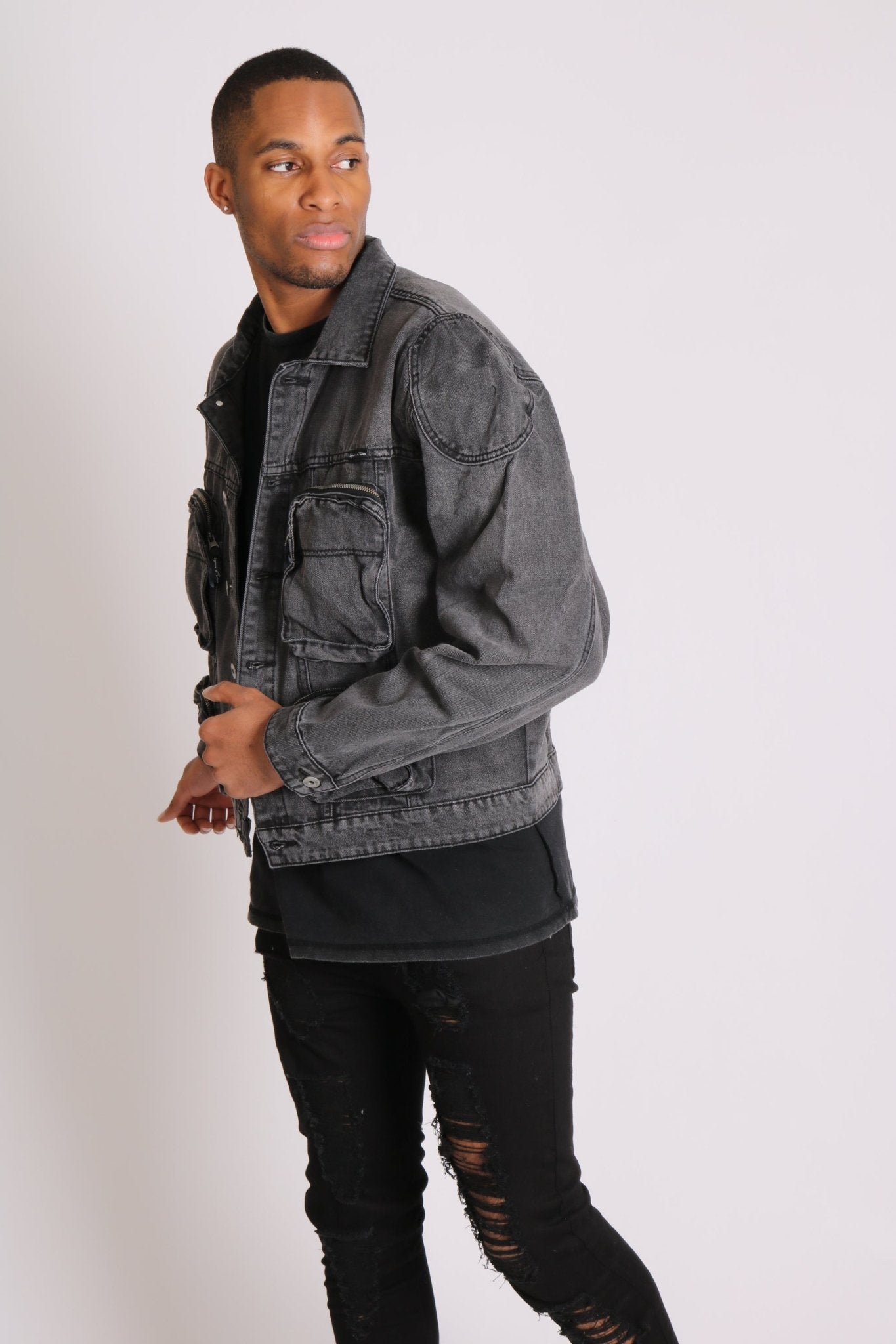 Fort Oversized Utility Pocket Denim Jacket In Washed Grey - Liquor n Poker