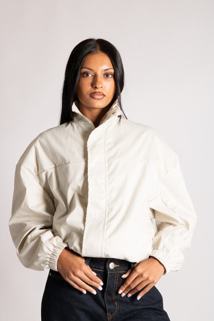 Funnel Neck Zip-Up Jacket in White Check - Liquor n Poker