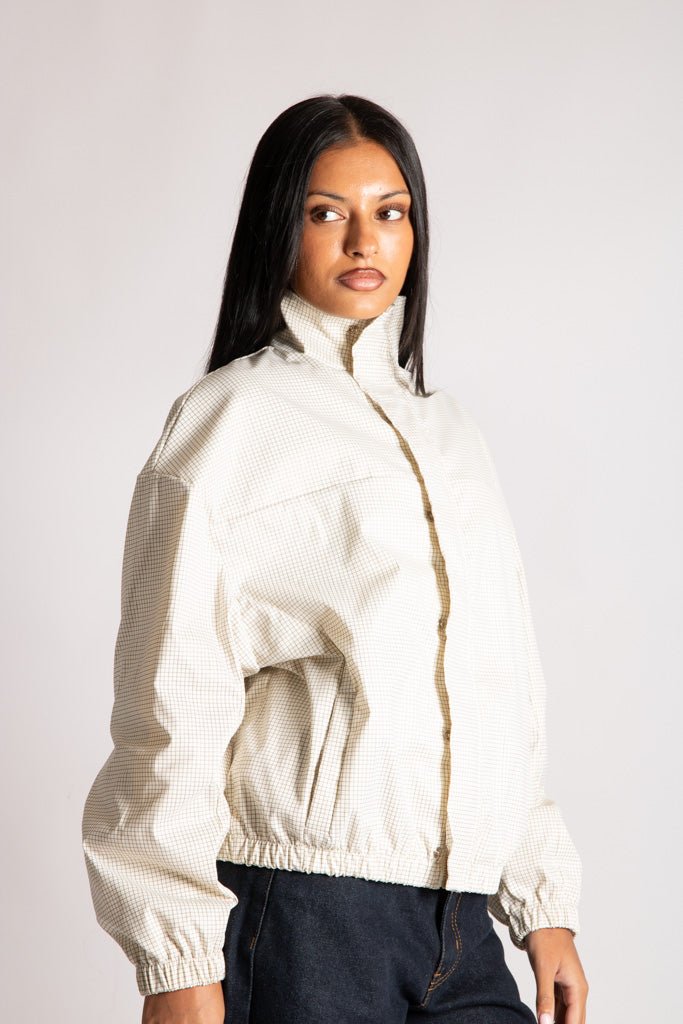 Funnel Neck Zip-Up Jacket in White Check - Liquor n Poker