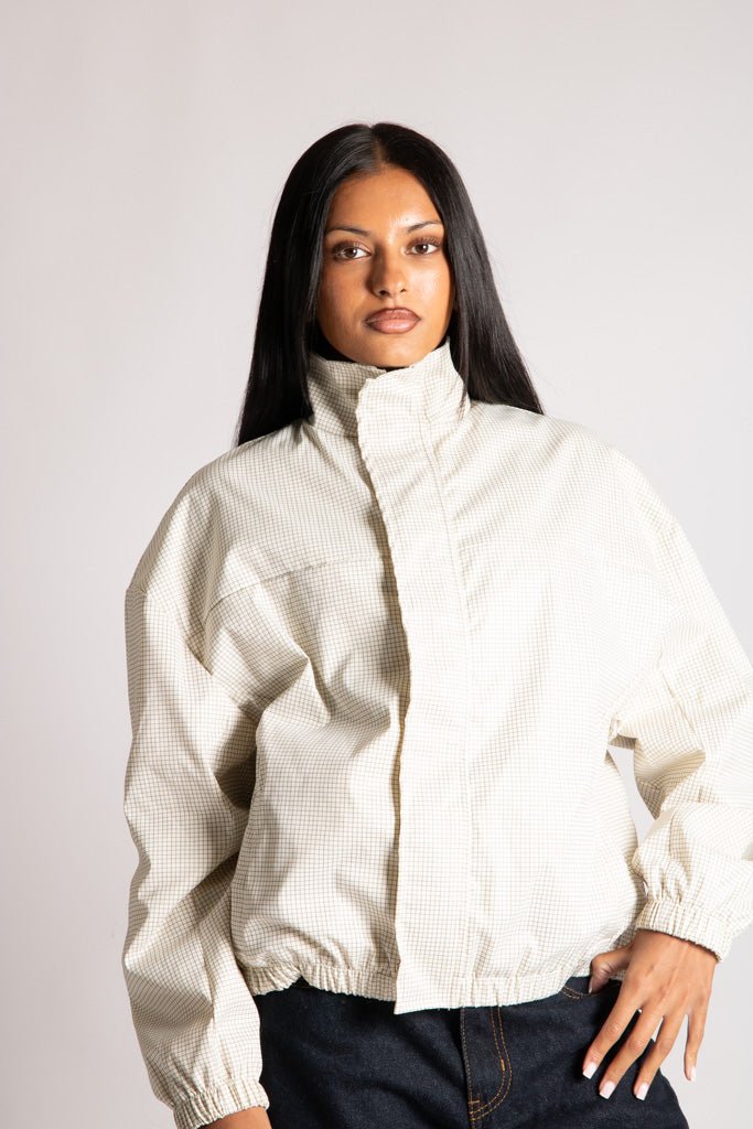 Funnel Neck Zip-Up Jacket in White Check - Liquor n Poker