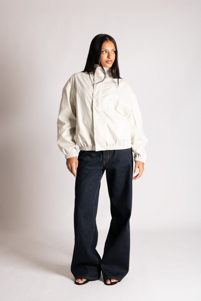 Funnel Neck Zip-Up Jacket in White Check - Liquor n Poker
