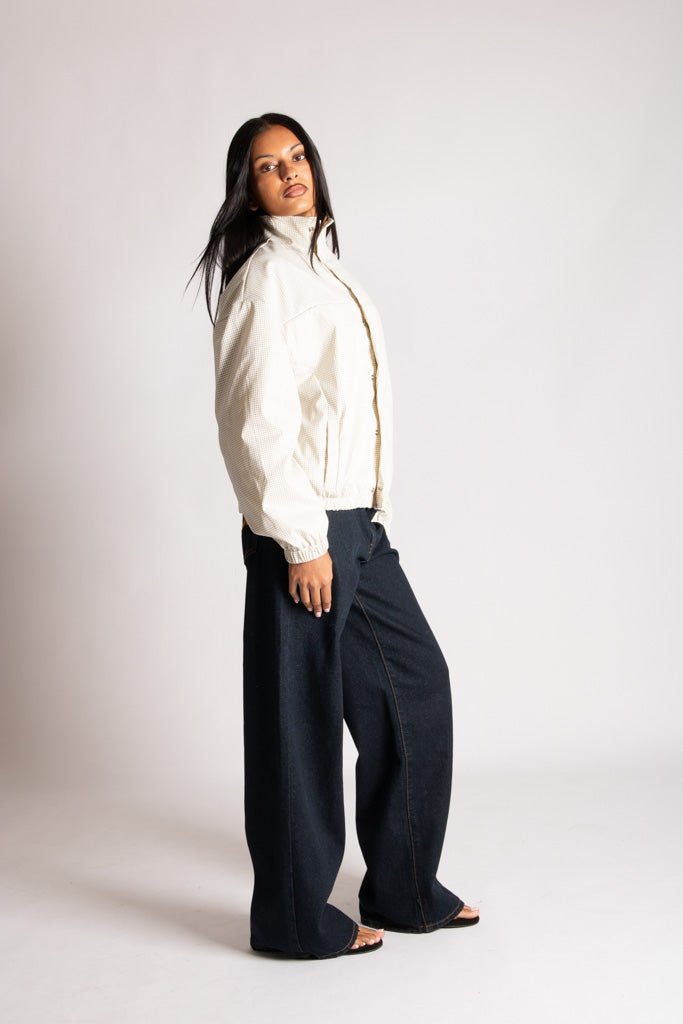 Funnel Neck Zip-Up Jacket in White Check - Liquor n Poker