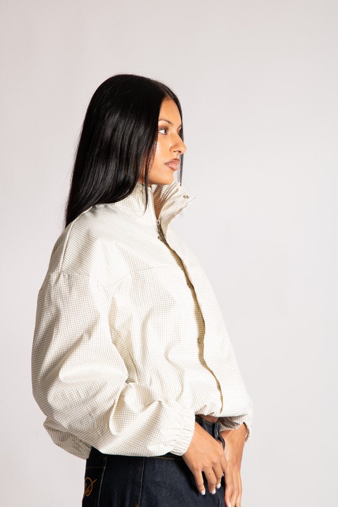 Funnel Neck Zip-Up Jacket in White Check - Liquor n Poker