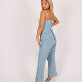 Gemstone Denim Jumpsuit With Kickflare And Gemstones - Liquor n Poker