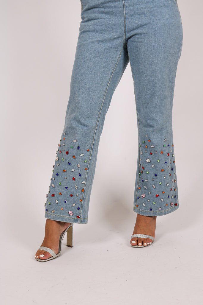 Gemstone Denim Jumpsuit With Kickflare And Gemstones - Liquor n Poker
