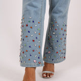 Gemstone Denim Jumpsuit With Kickflare And Gemstones - Liquor n Poker