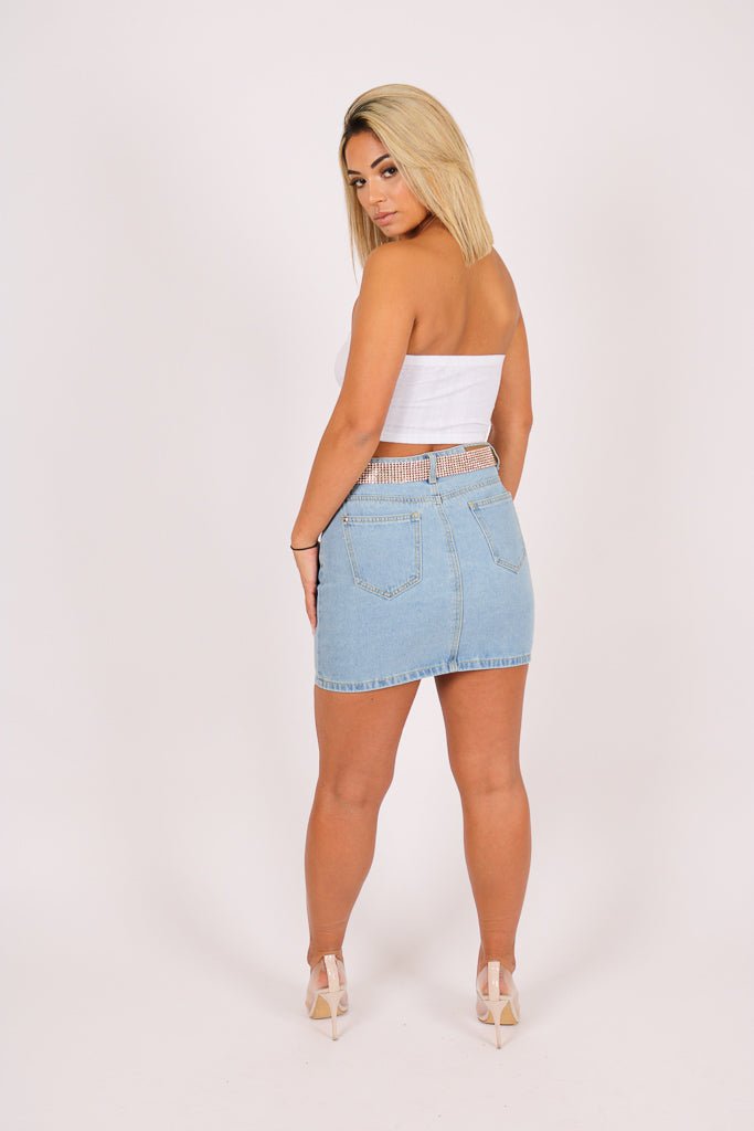 Glitzy Denim Mini Skirt With Diamante Belt - Liquor n Poker
