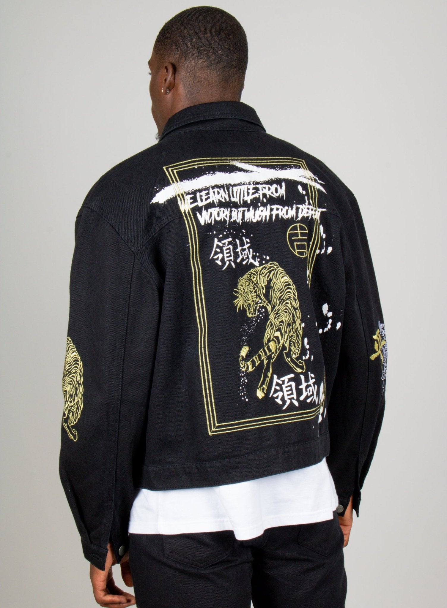 Golden Tiger Embroidered Oversized Black Trucker Jacket - Liquor n Poker