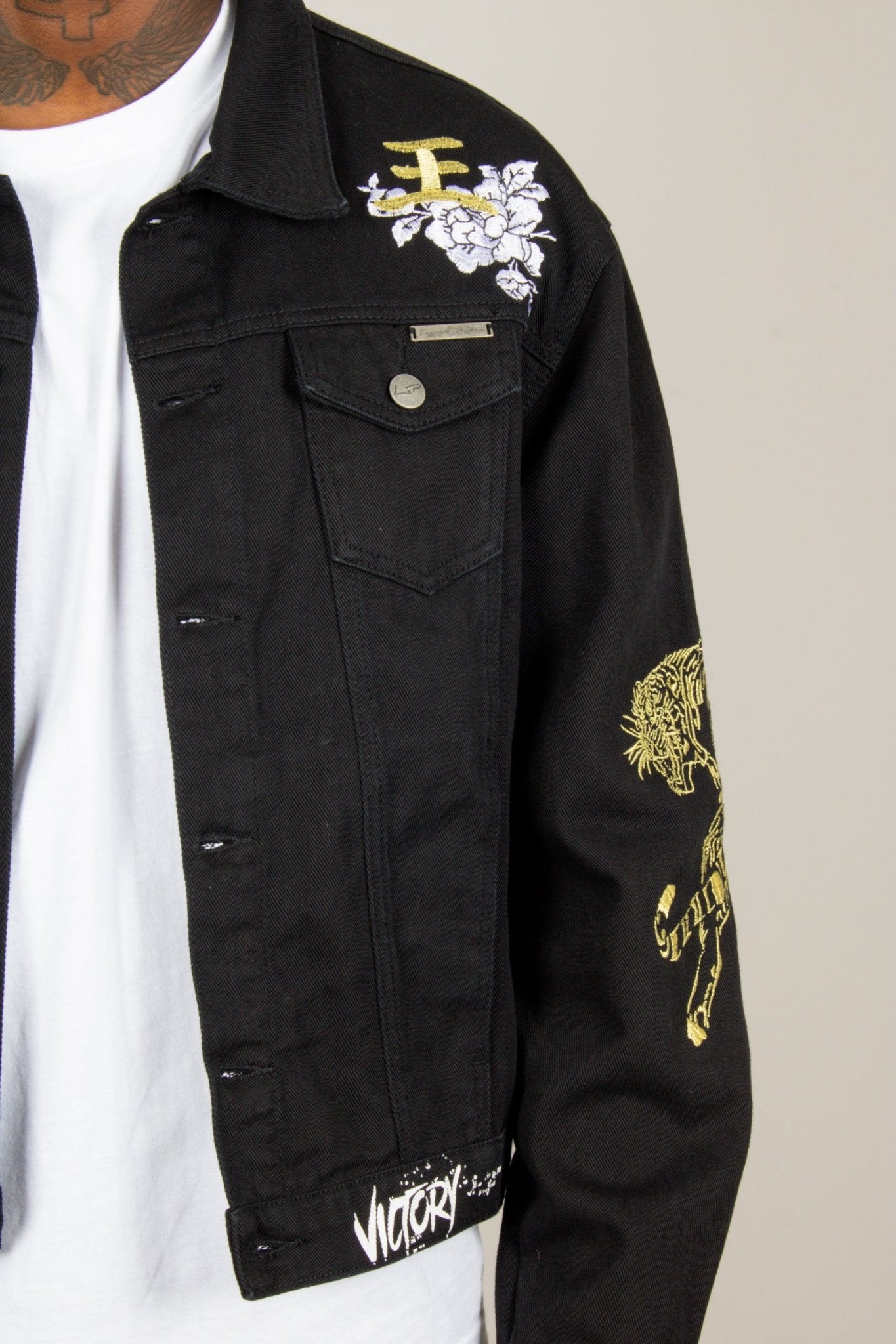 Golden Tiger Embroidered Oversized Black Trucker Jacket - Liquor n Poker