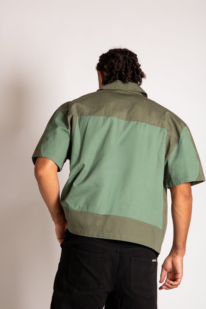 Green Cut & Sew Panel Detail Motorcross Shirt in Khaki - Liquor n Poker