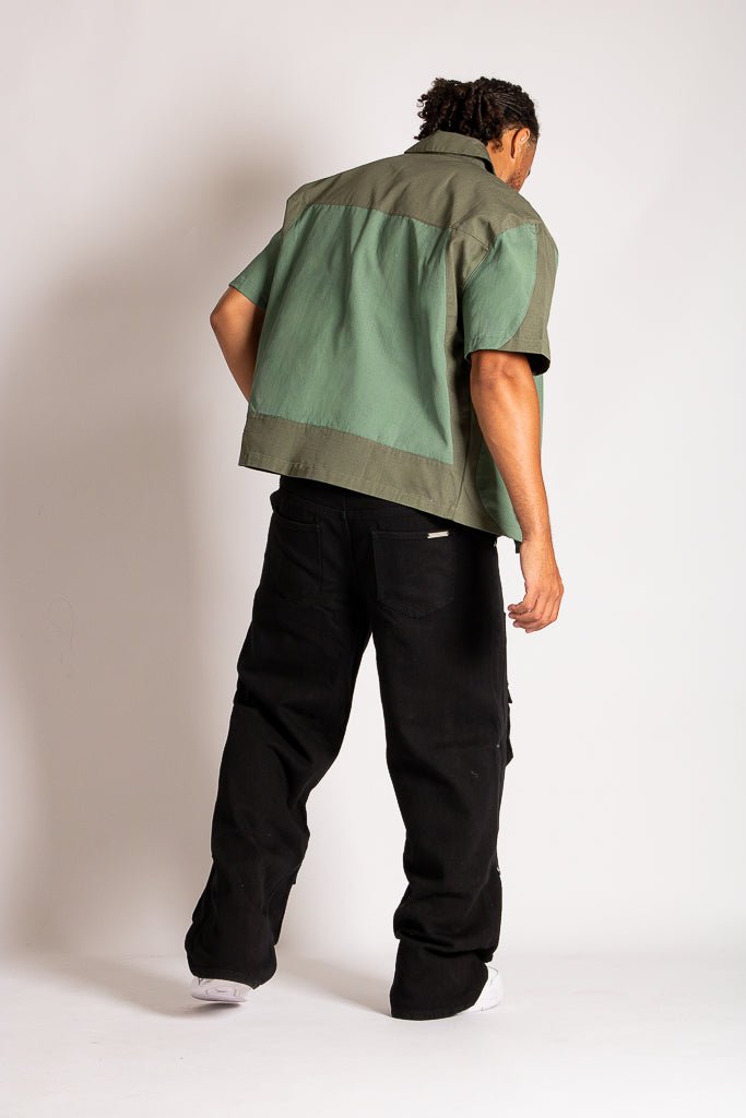 Green Cut & Sew Panel Detail Motorcross Shirt in Khaki - Liquor n Poker