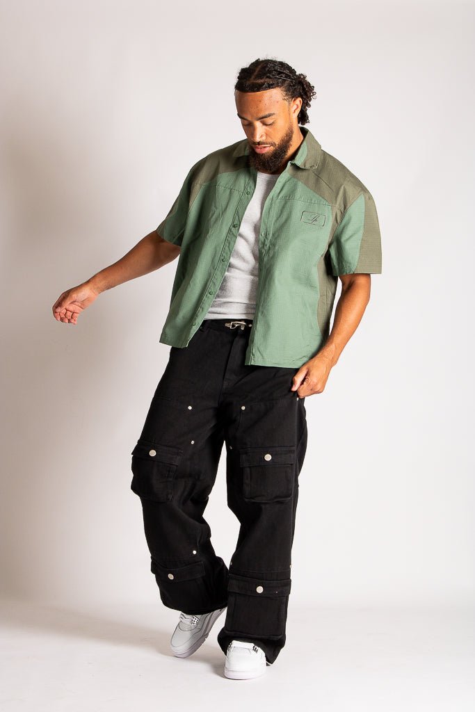 Green Cut & Sew Panel Detail Motorcross Shirt in Khaki - Liquor n Poker