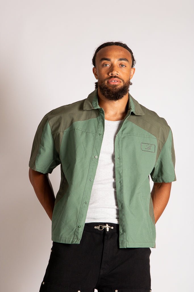 Green Cut & Sew Panel Detail Motorcross Shirt in Khaki - Liquor n Poker