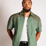 Green Cut & Sew Panel Detail Motorcross Shirt in Khaki - Liquor n Poker