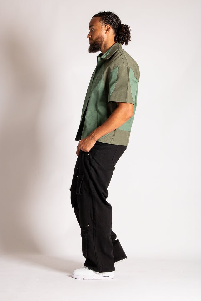 Green Cut & Sew Panel Detail Motorcross Shirt in Khaki - Liquor n Poker