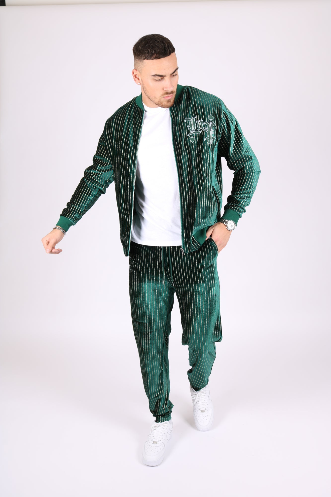 Green Pinstripe Velour Varsity Slim Joggers - Liquor n Poker