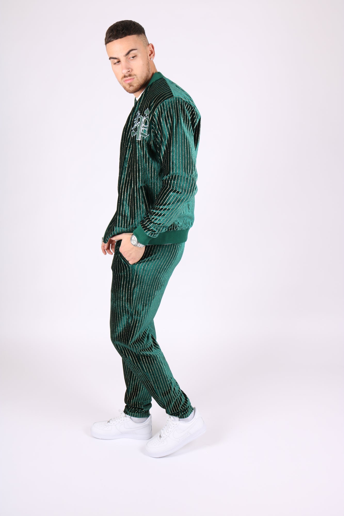 Green Pinstripe Velour Varsity Slim Joggers - Liquor n Poker