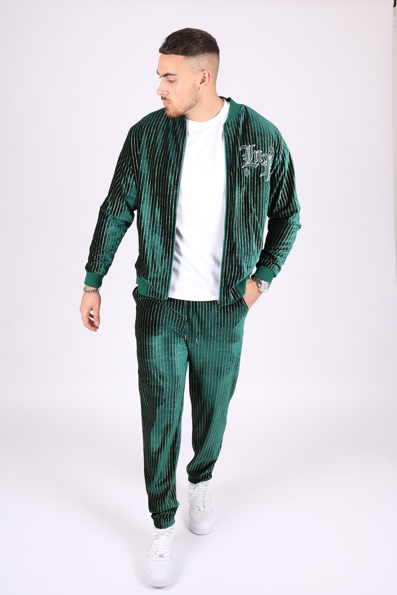 Green Pinstripe Velour Varsity Slim Joggers - Liquor n Poker
