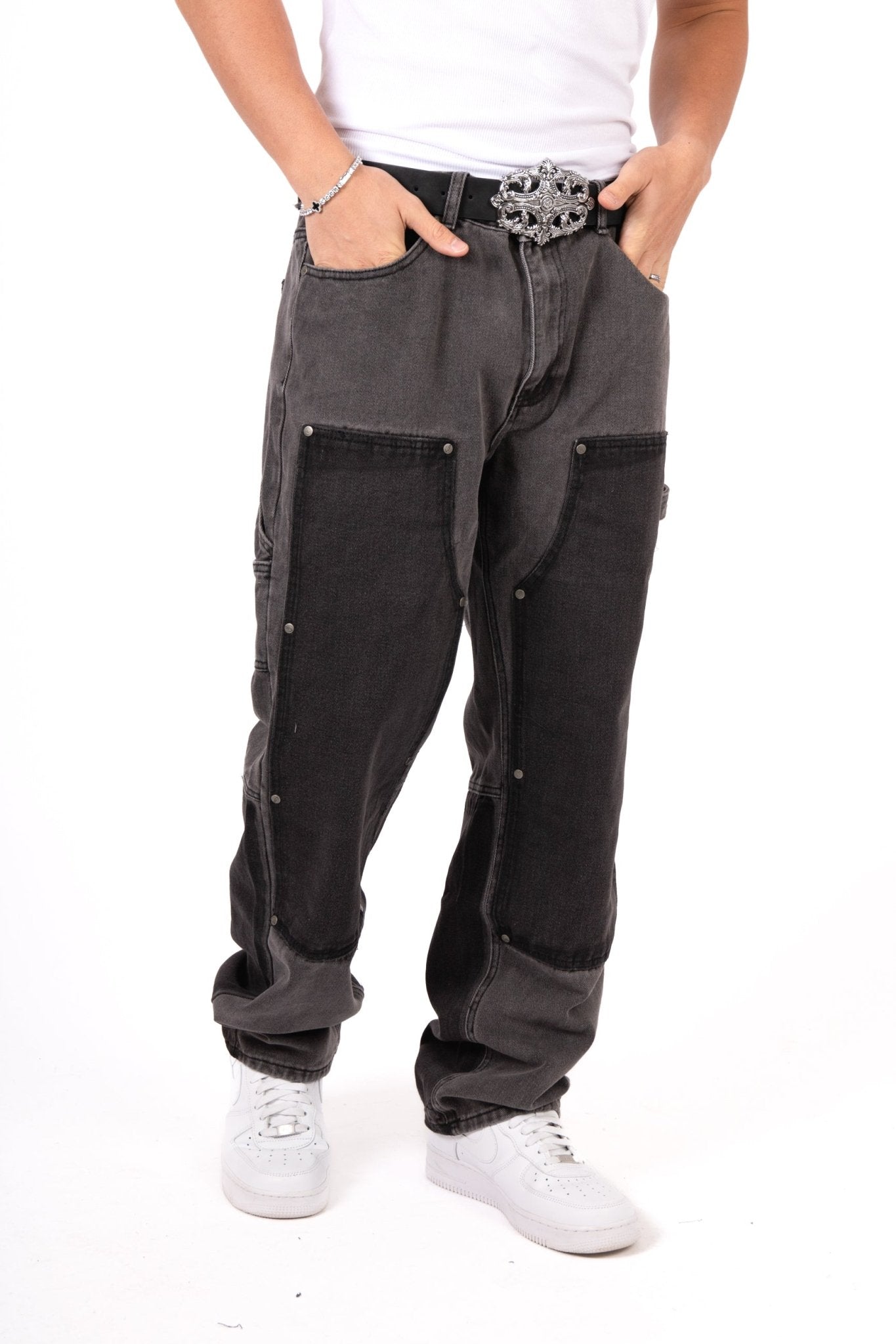 Grey & Black Patchwork Frayed Hem Jeans - Liquor n Poker