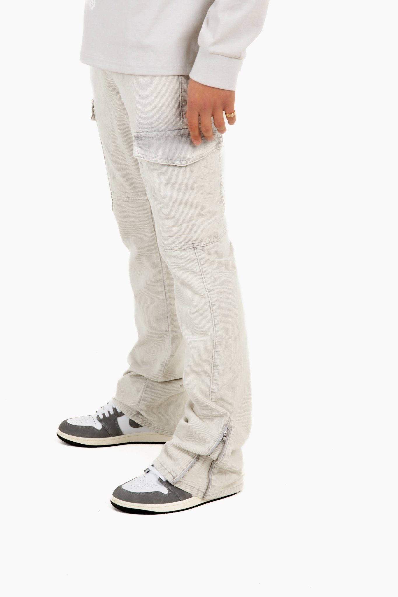 Grey Corduroy Slim Stacked Cargo - Liquor n Poker