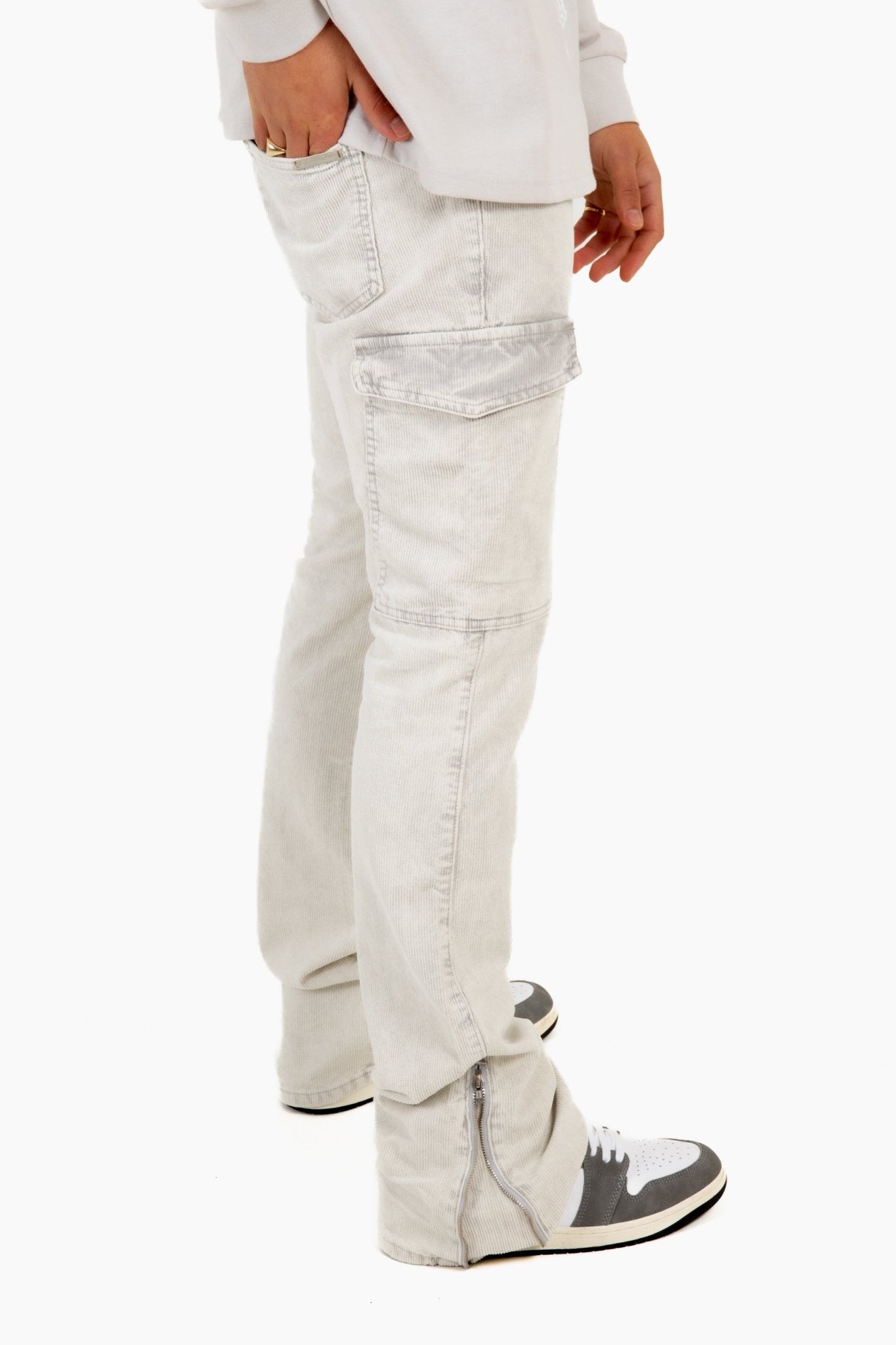 Grey Corduroy Slim Stacked Cargo - Liquor n Poker