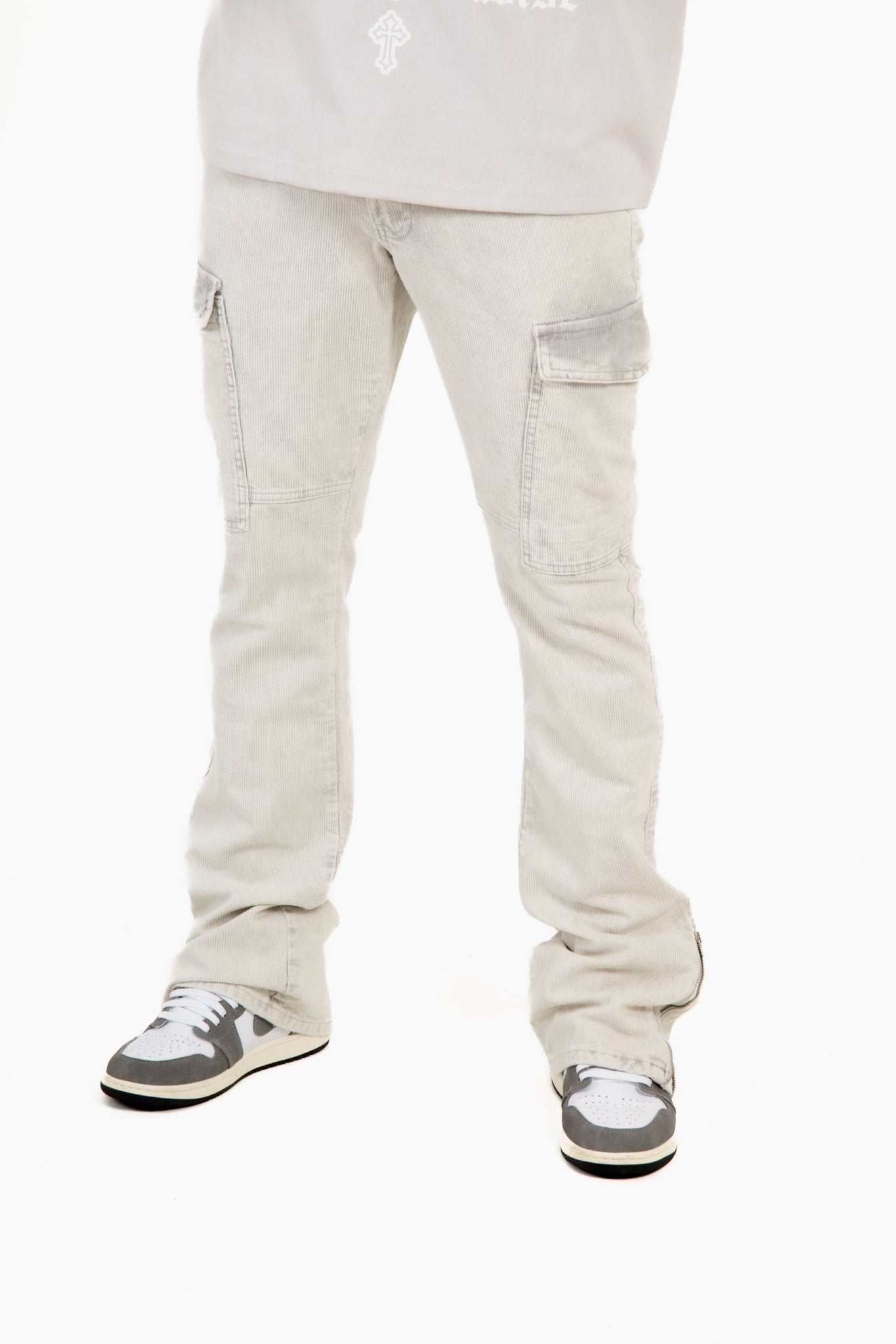 Grey Corduroy Slim Stacked Cargo - Liquor n Poker