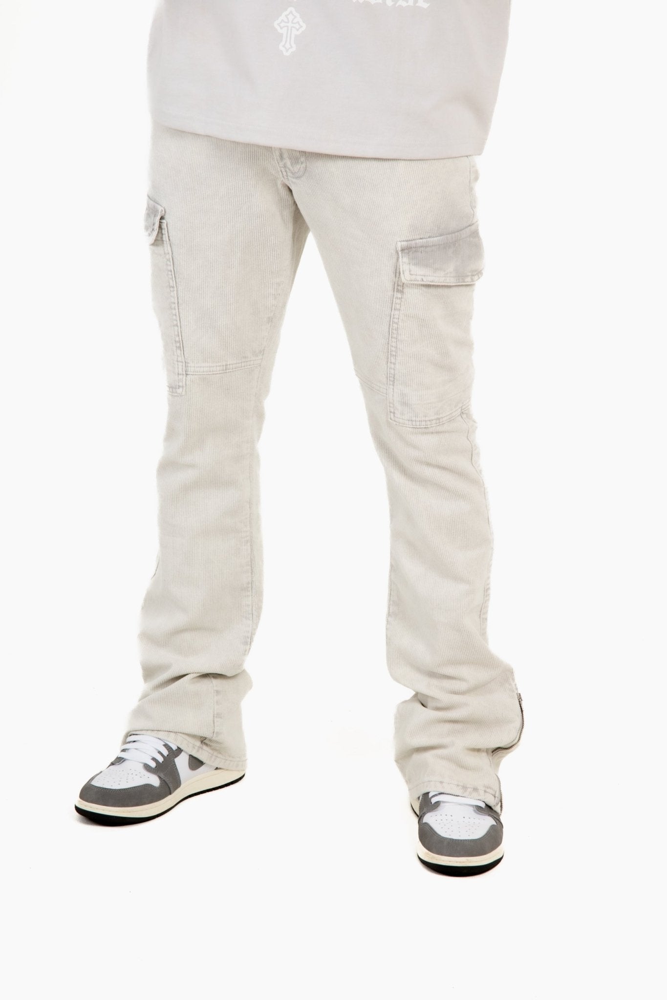 Grey Corduroy Slim Stacked Cargo - Liquor n Poker