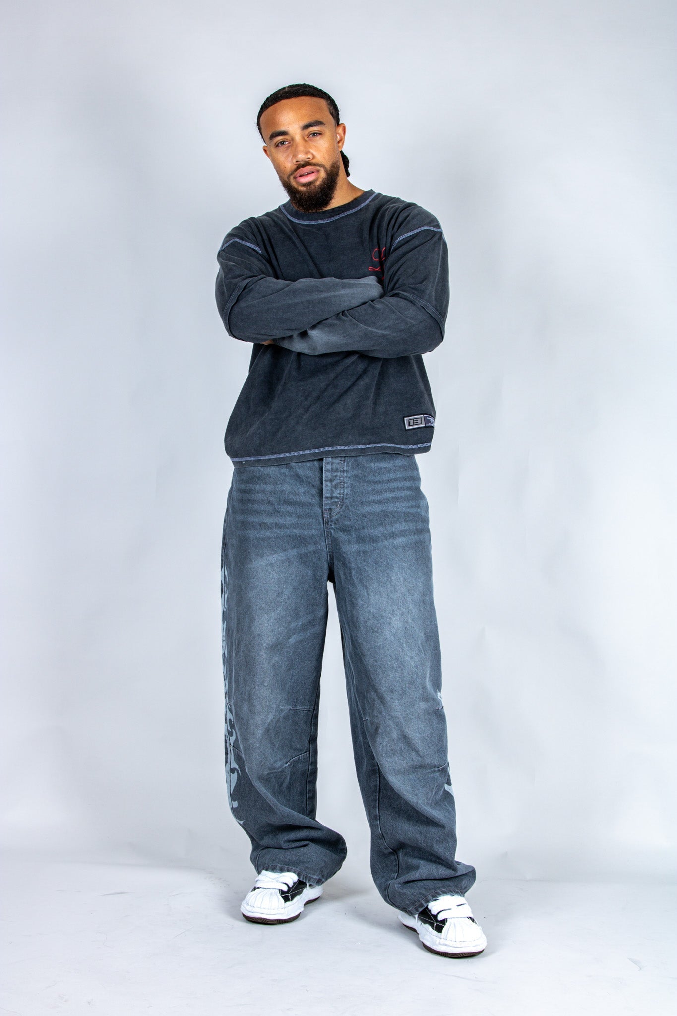 Grey Reign Baggy Printed Grey Wash Jeans - Liquor n Poker