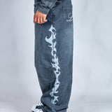 Grey Reign Baggy Printed Grey Wash Jeans - Liquor n Poker