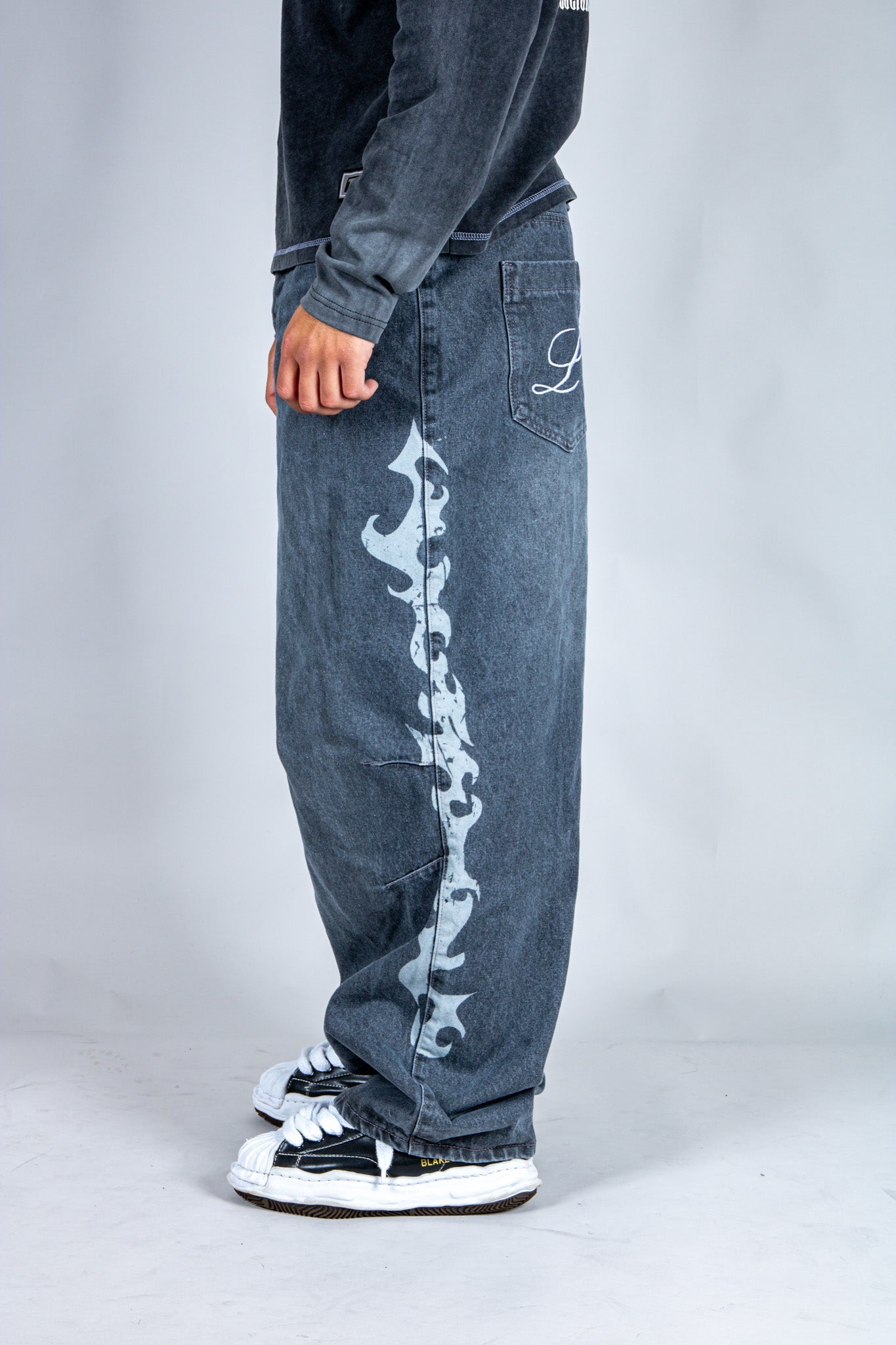 Grey Reign Baggy Printed Grey Wash Jeans - Liquor n Poker