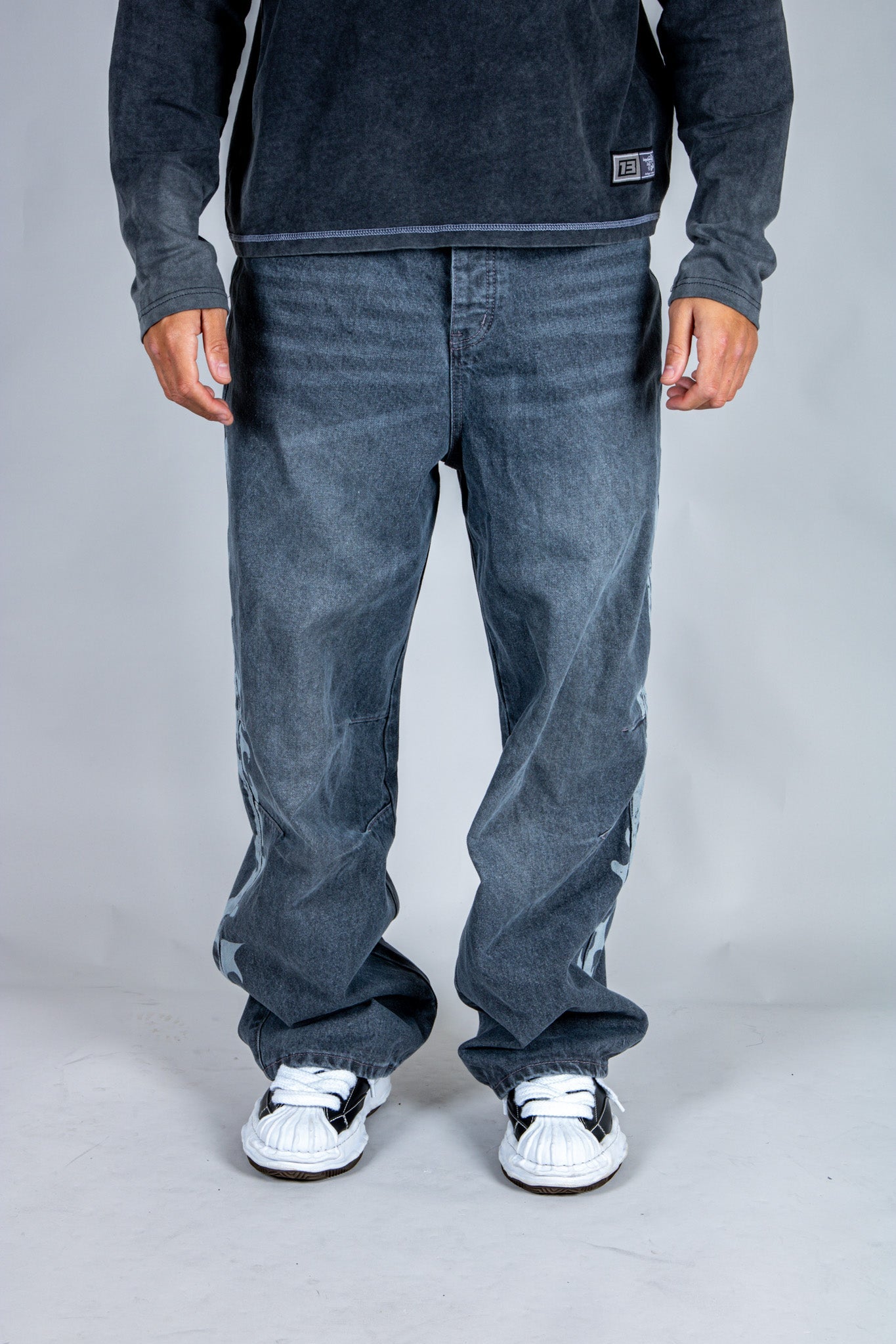 Grey Reign Baggy Printed Grey Wash Jeans - Liquor n Poker