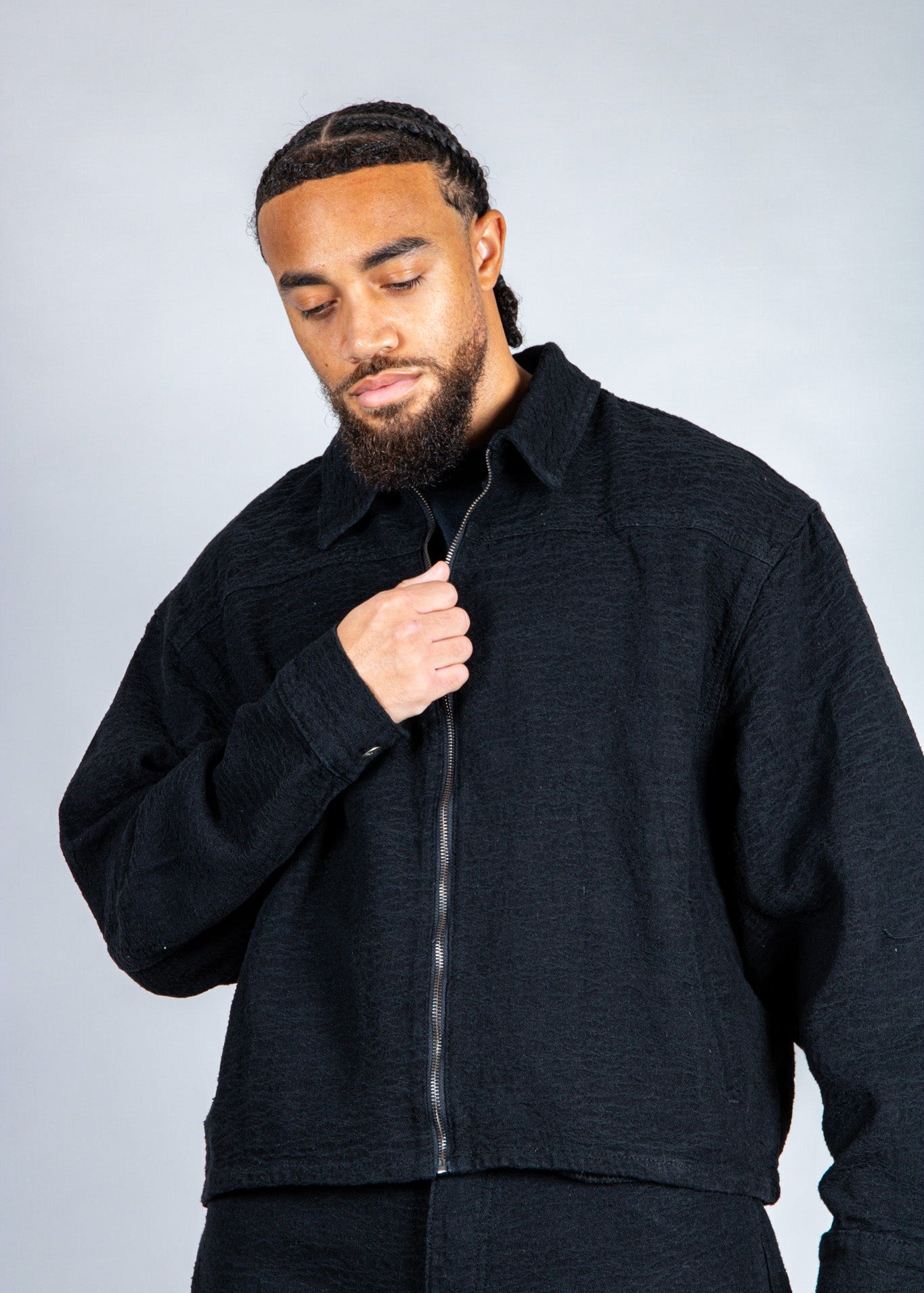Harrington Boxy Zip Jacket in Black Textured Denim - Liquor n Poker