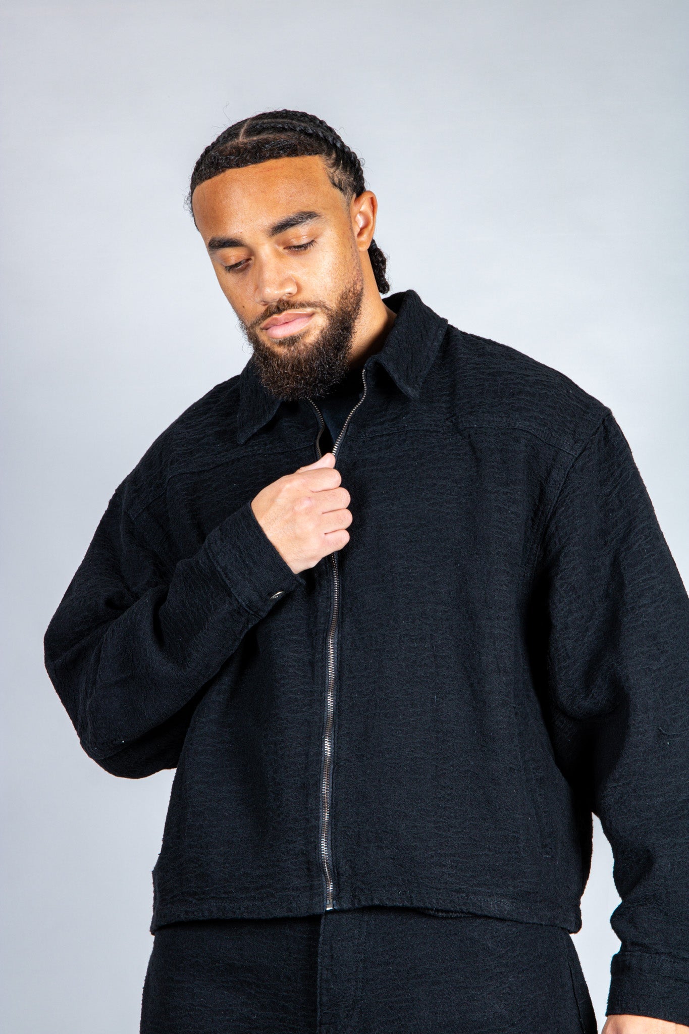 Harrington Boxy Zip Jacket in Black Textured Denim - Liquor n Poker