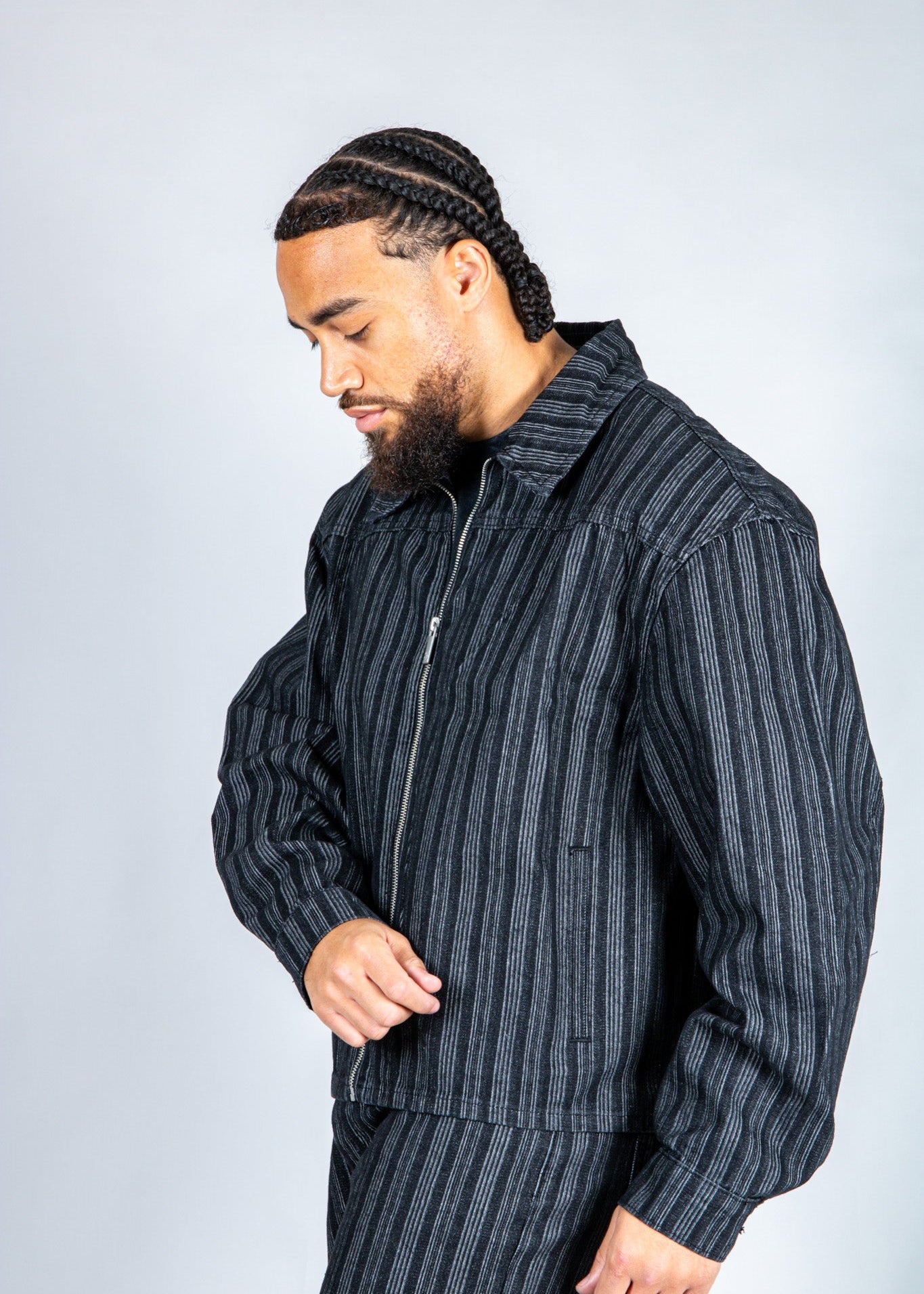Harrington Boxy Zip Jacket in Pinstripe Black - Liquor n Poker