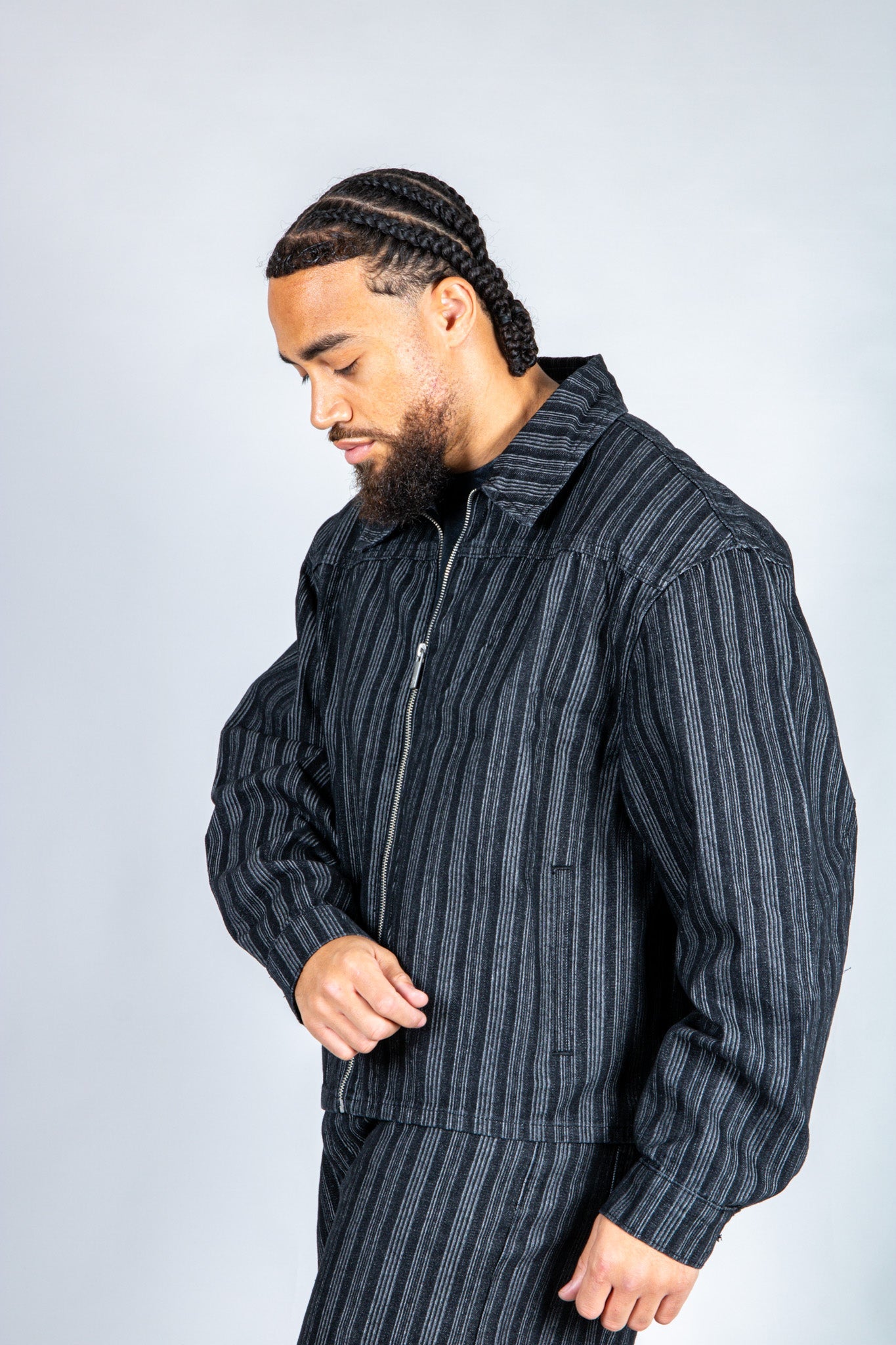 Harrington Boxy Zip Jacket in Pinstripe Black - Liquor n Poker