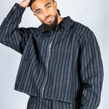 Harrington Boxy Zip Jacket in Pinstripe Black - Liquor n Poker