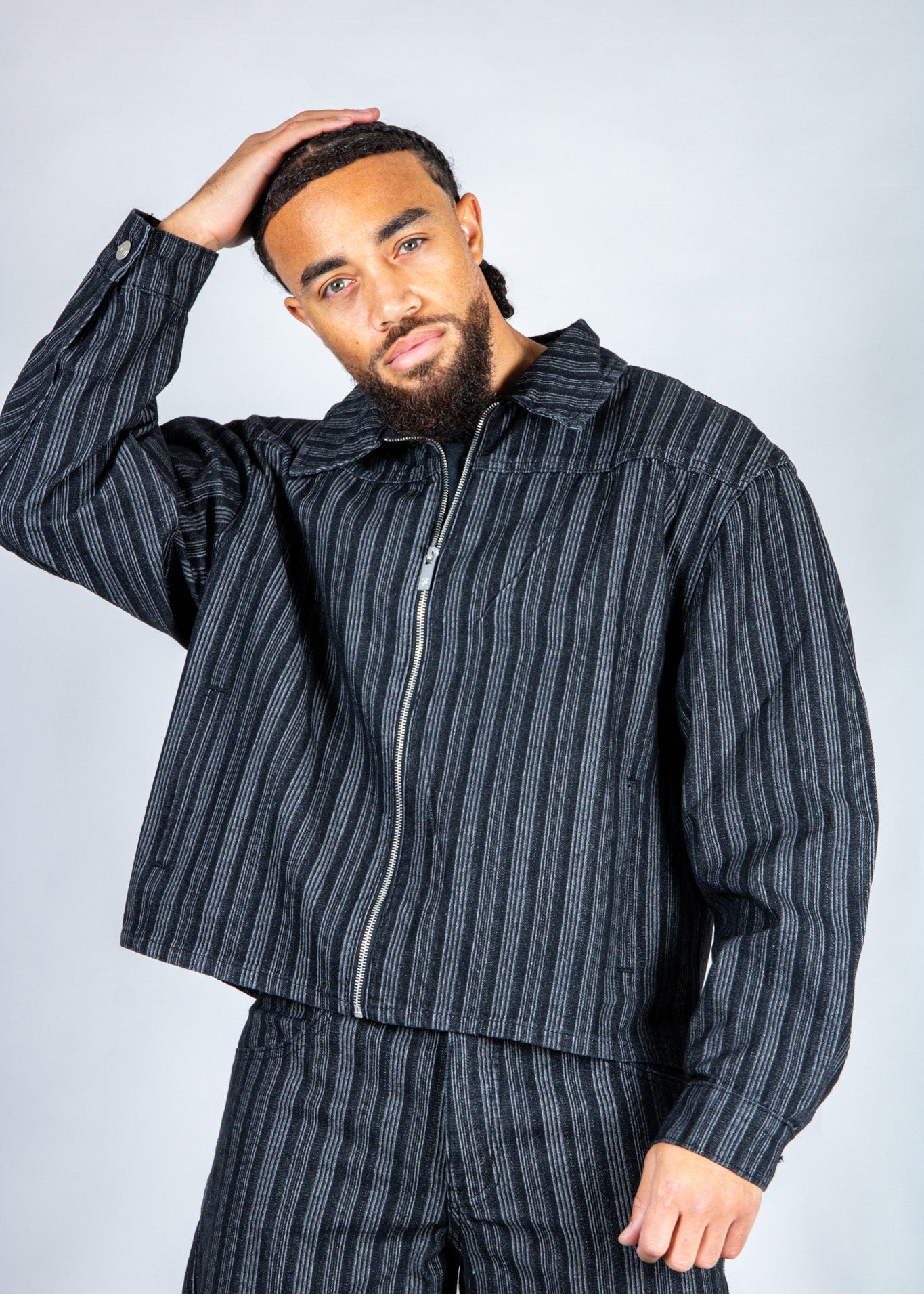 Harrington Boxy Zip Jacket in Pinstripe Black - Liquor n Poker