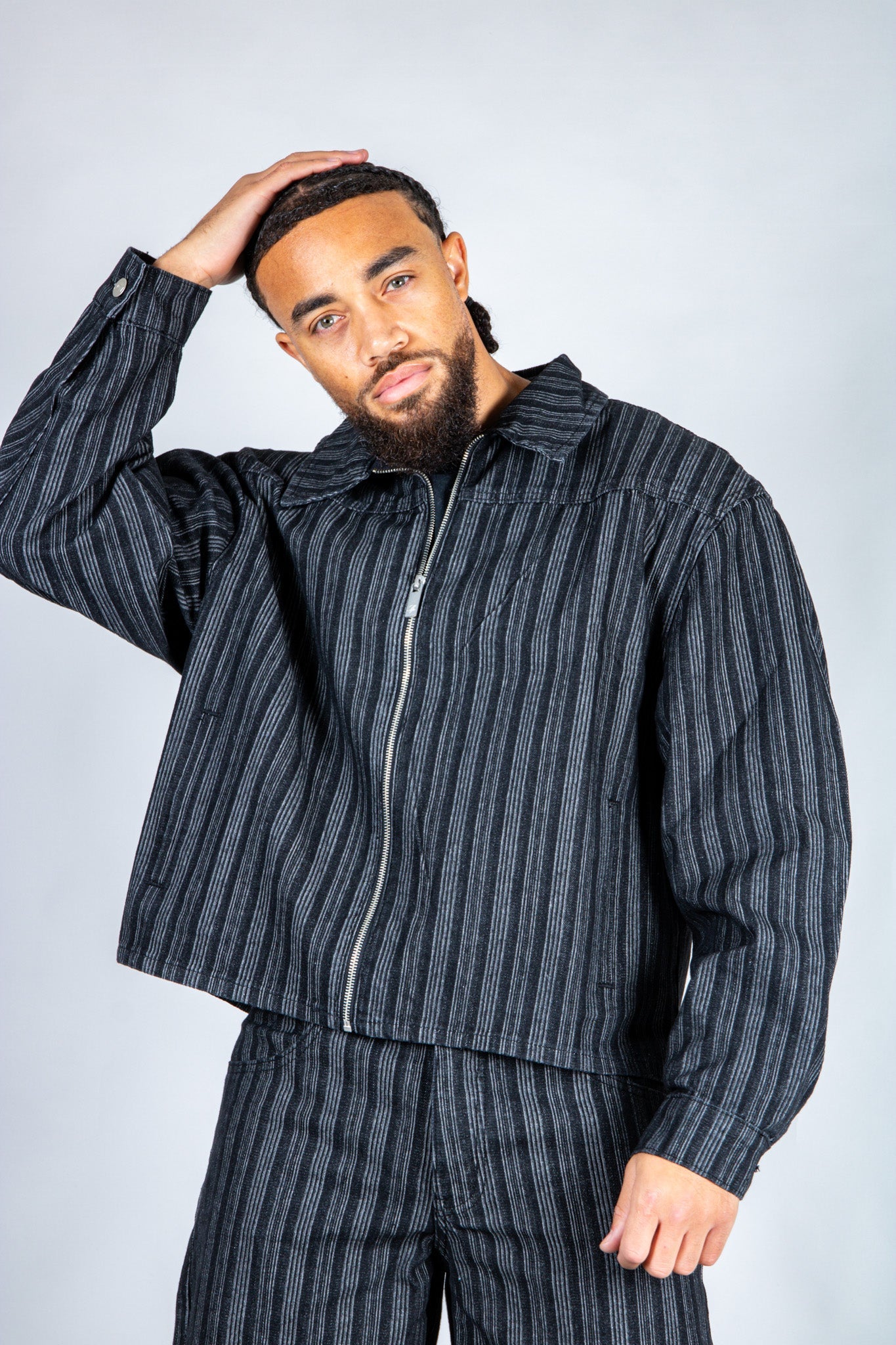 Harrington Boxy Zip Jacket in Pinstripe Black - Liquor n Poker