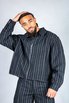 Harrington Boxy Zip Jacket in Pinstripe Black - Liquor n Poker