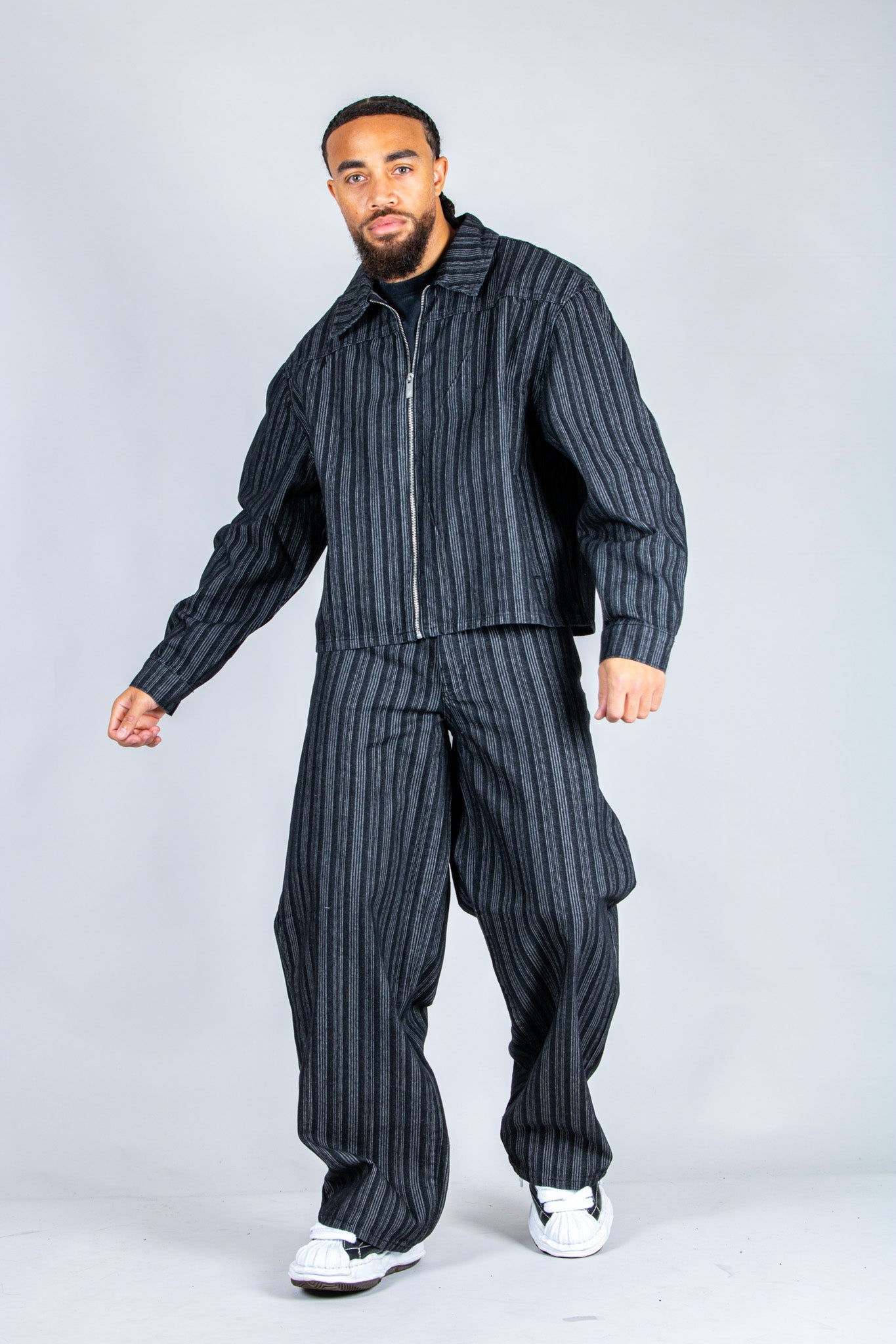 Harrington Boxy Zip Jacket in Pinstripe Black - Liquor n Poker