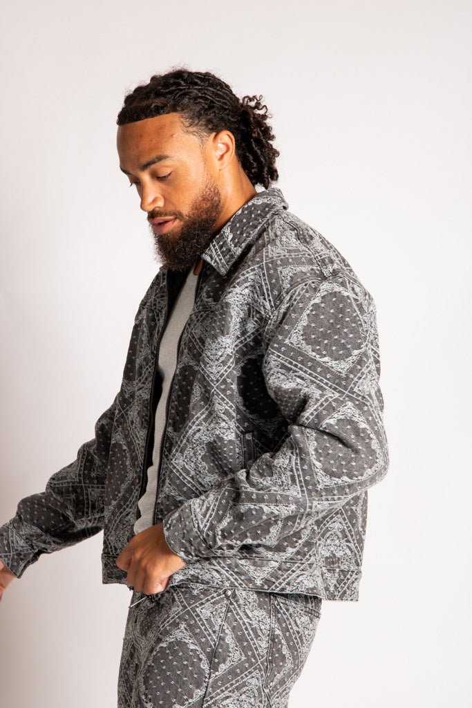 Harrington Paisley Jacquard Denim Jacket in Black - Liquor n Poker