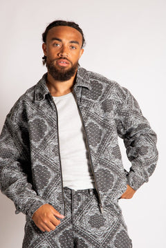 Harrington Paisley Jacquard Denim Jacket in Black - Liquor n Poker