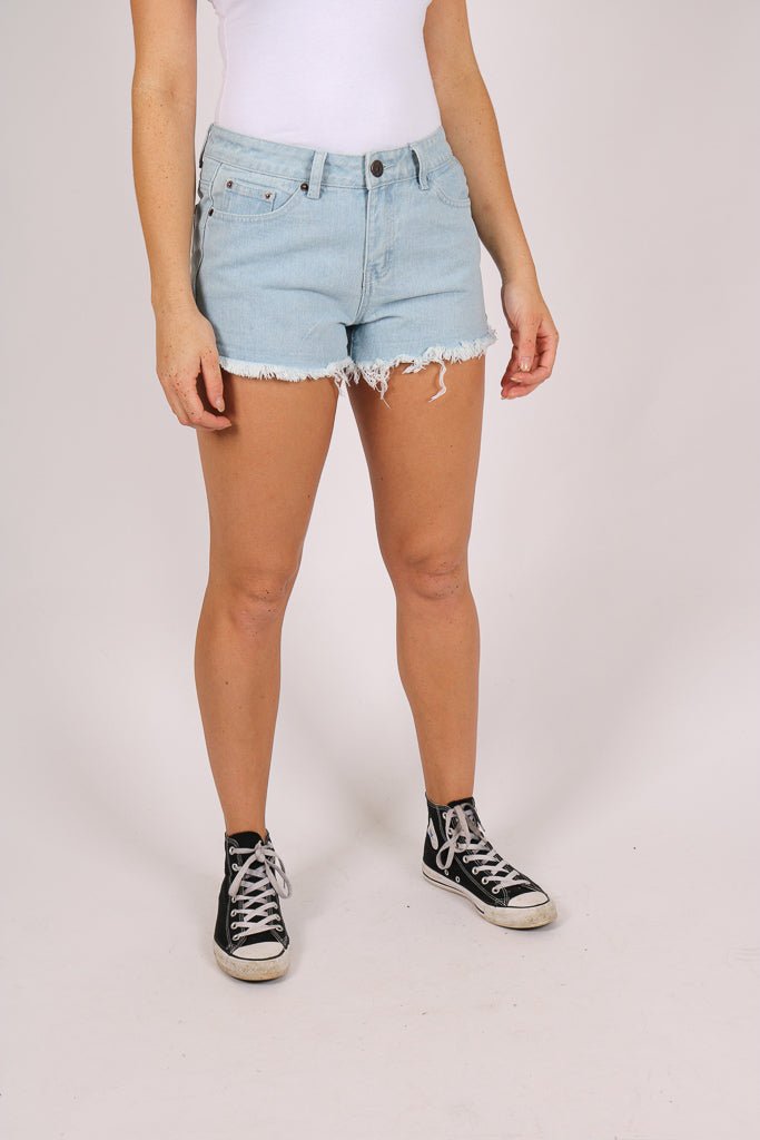 High Rise Denim Shorts In Light Stonewash - Liquor n Poker