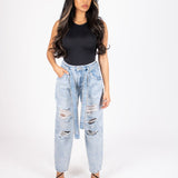 High - Rise Distressed Stonewash Belted Mom Jeans - Liquor n Poker