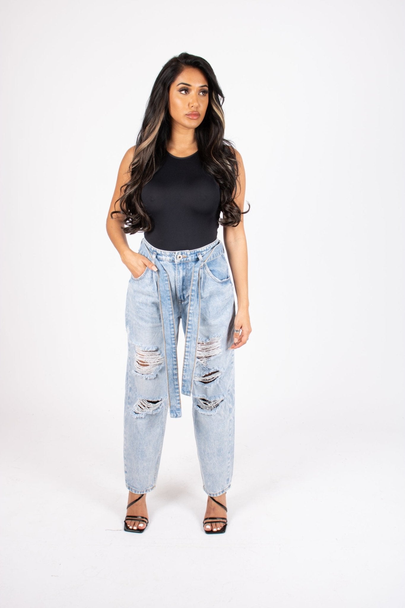 High - Rise Distressed Stonewash Belted Mom Jeans - Liquor n Poker