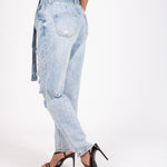 High - Rise Distressed Stonewash Belted Mom Jeans - Liquor n Poker